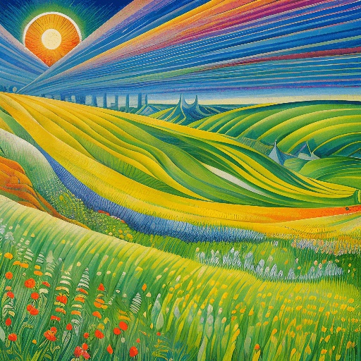 painting of a colorful landscape with a sun setting over a valley