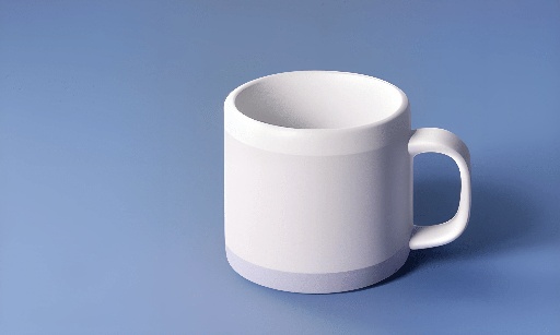 a white coffee cup sitting on a blue surface