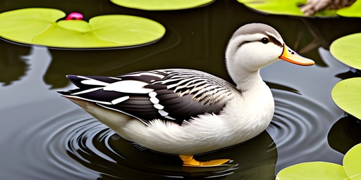a duck that is sitting in the water with lily pads