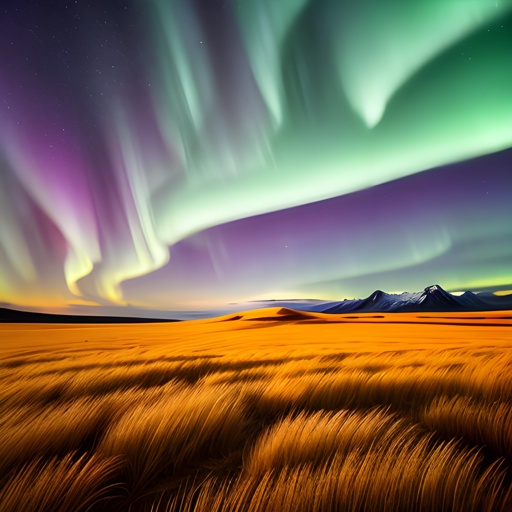 image of a field with a bright green and purple aurora