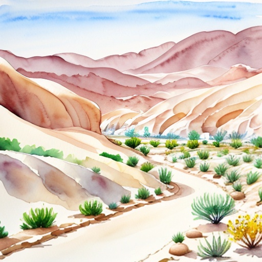 painting of a desert landscape with a road and mountains in the background