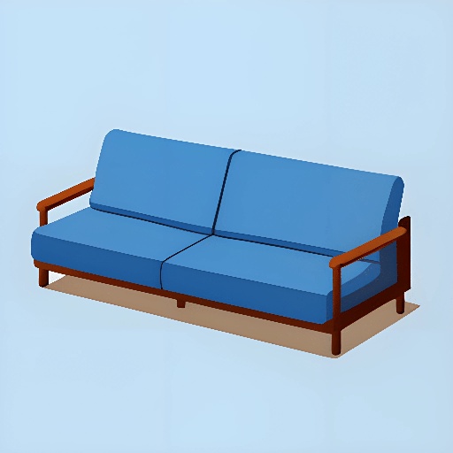 a blue couch with a wooden frame and a blue cushion