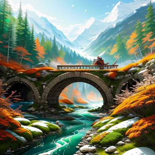 a painting of a bridge over a river with a man on it