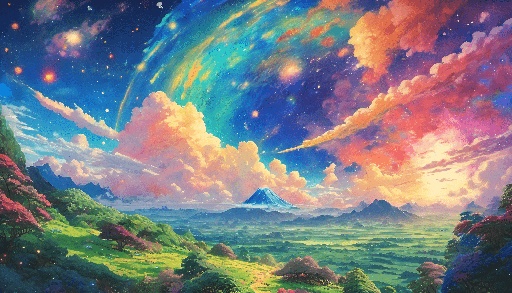 anime landscape with a mountain and a rainbow colored sky