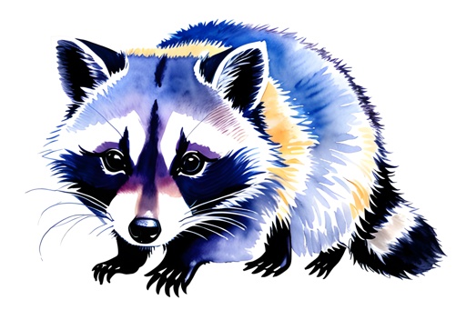 painting of a raccoon with a blue and yellow stripe on its face