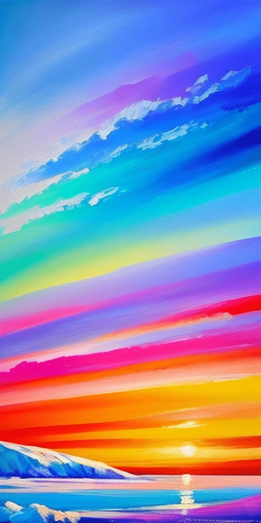 painting of a colorful sunset with a rainbow sky and clouds