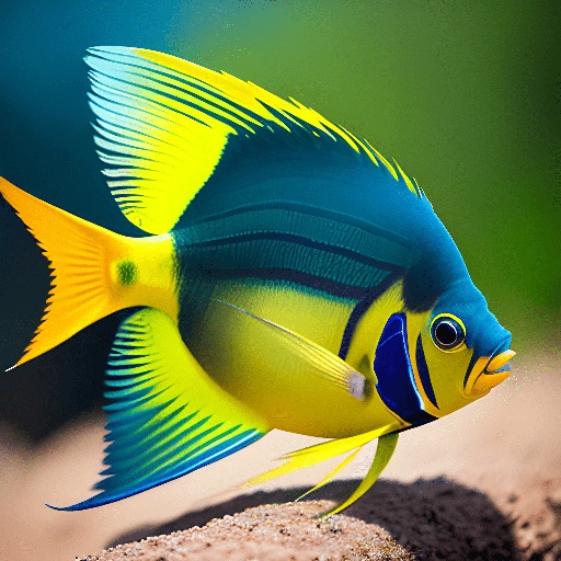 yellow and blue fish with a blue tail on a sandy surface