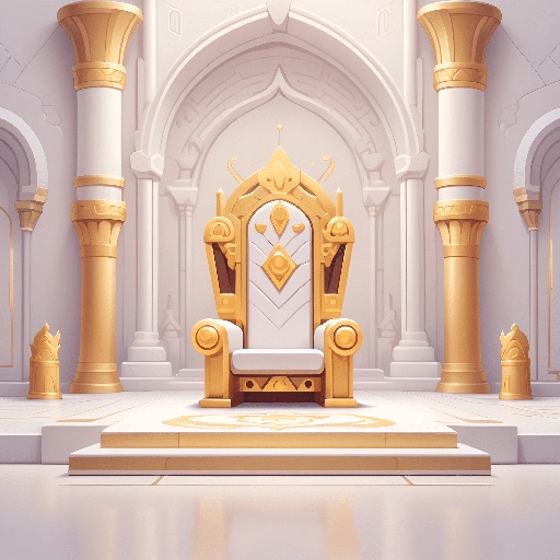 a golden throne in a white room with columns