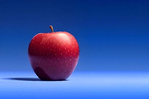 a red apple with a leaf on it on a blue surface