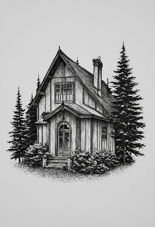 a drawing of a house with a tree in the front yard
