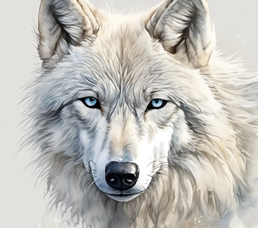 a white wolf with blue eyes and a black nose