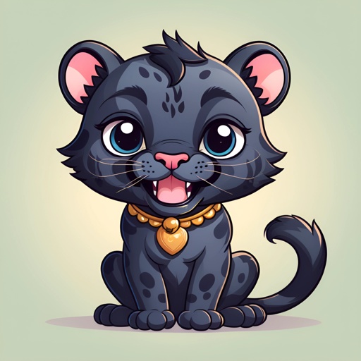 cartoon black cat with a gold collar sitting on a green background