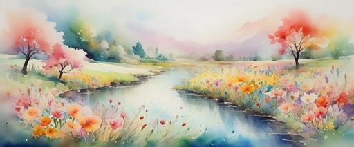 painting of a river with flowers and trees in the background