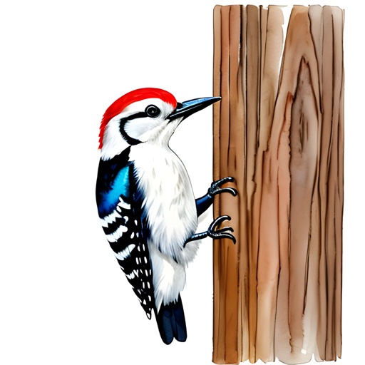 painting of a bird with a red hat on its head and a wooden pole