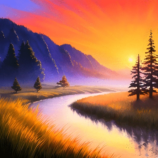 painting of a river running through a grassy field next to a forest
