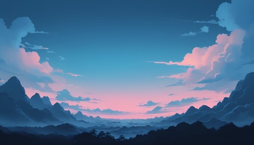mountains and clouds in a blue sky with a pink sky