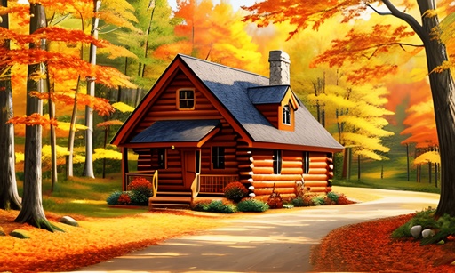 painting of a log cabin in the woods with a pathway