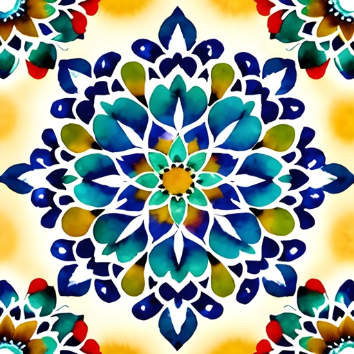 a close up of a colorful flower design on a yellow background