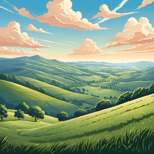 a cartoon illustration of a green valley with hills and trees