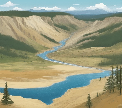 a painting of a river running through a valley