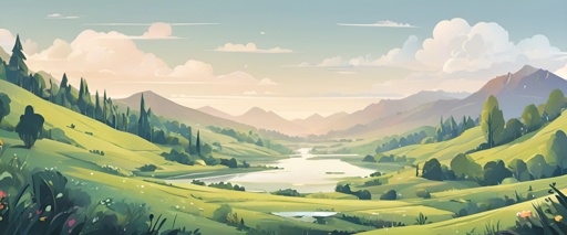 a cartoon style illustration of a mountain valley with a lake