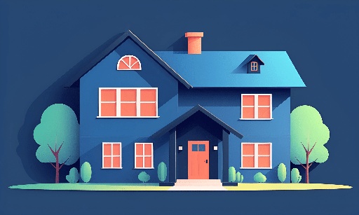 illustration of a blue house with a red door and a tree