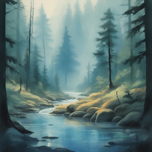 painting of a river in a forest with rocks and trees