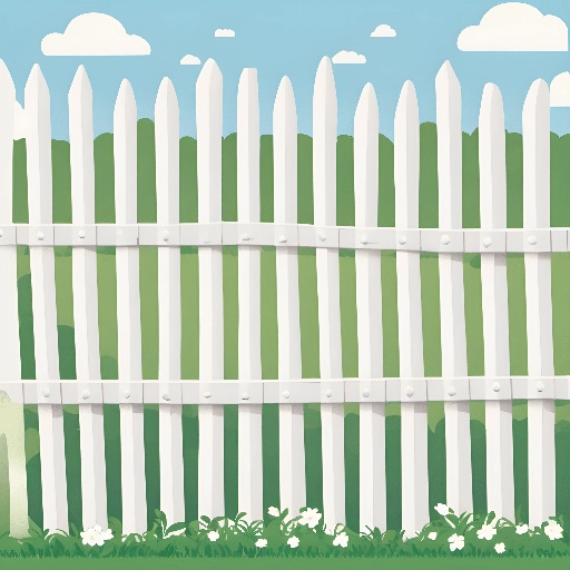 a white picketer fence with a green grass and flowers