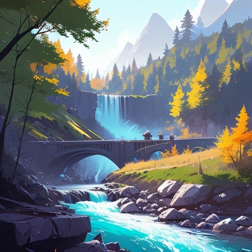 painting of a river flowing under a bridge in a forest