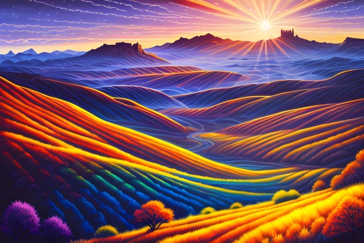 painting of a colorful landscape with a sunset and mountains