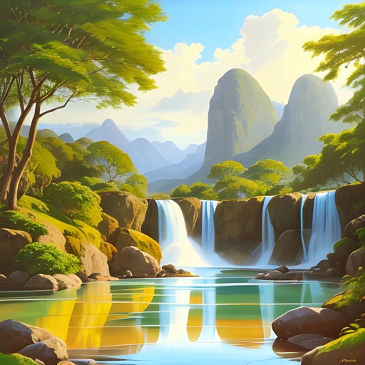 painting of a waterfall with a waterfall in the middle of it