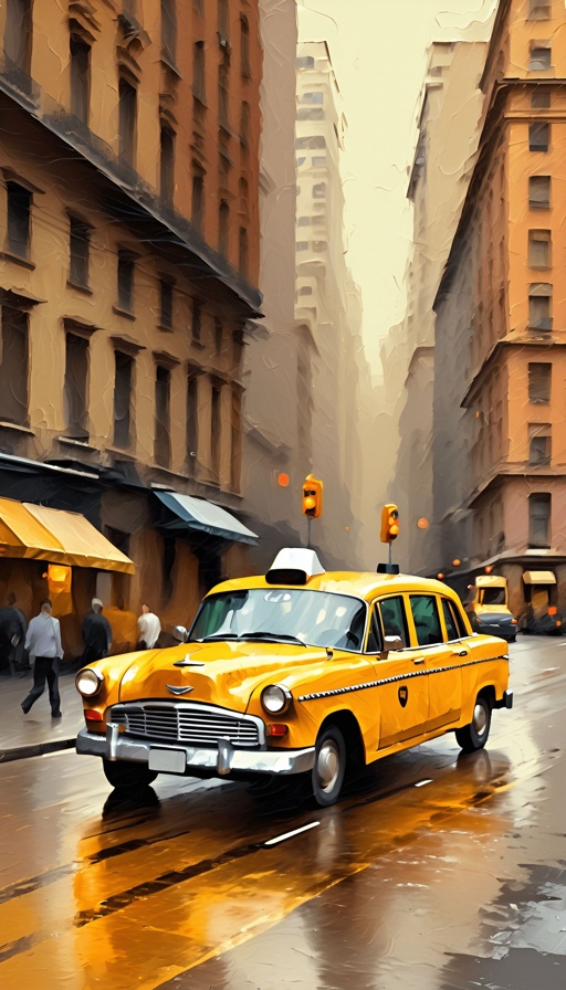 yellow taxi cab driving down a city street in the rain