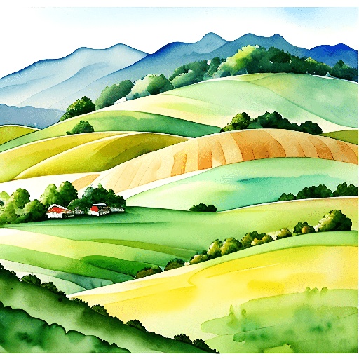 painting of a farm in a hilly area with mountains in the background