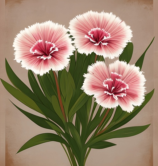 there are three pink flowers with green leaves on a brown background
