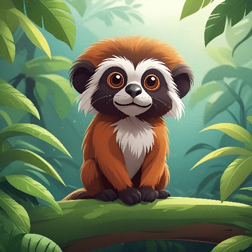 cartoon illustration of a cute little brown and white animal sitting on a tree branch