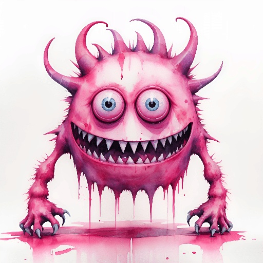 painting of a pink monster with big eyes and sharp teeth