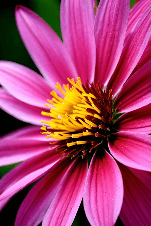 a close up of a pink flower with yellow stamens