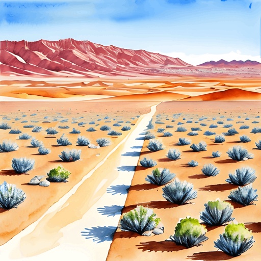 painting of a desert landscape with a dirt road and mountains