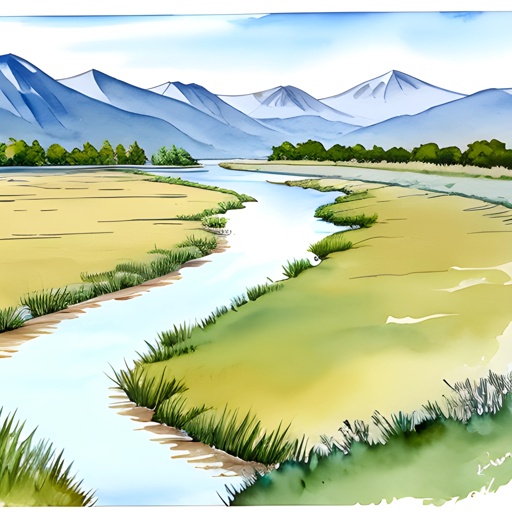 a drawing of a river running through a field