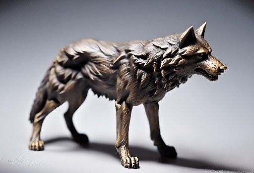 a bronze statue of a wolf on a white surface