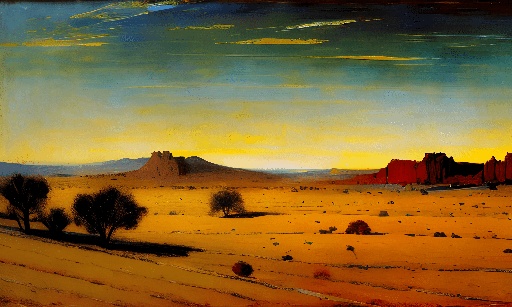 painting of a desert scene with a lone tree in the foreground