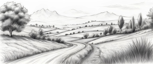 drawing of a landscape with a road and trees