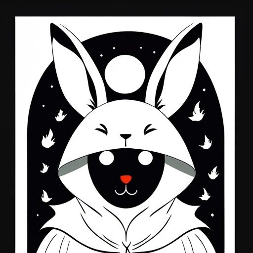a black and white drawing of a rabbit with a hood on