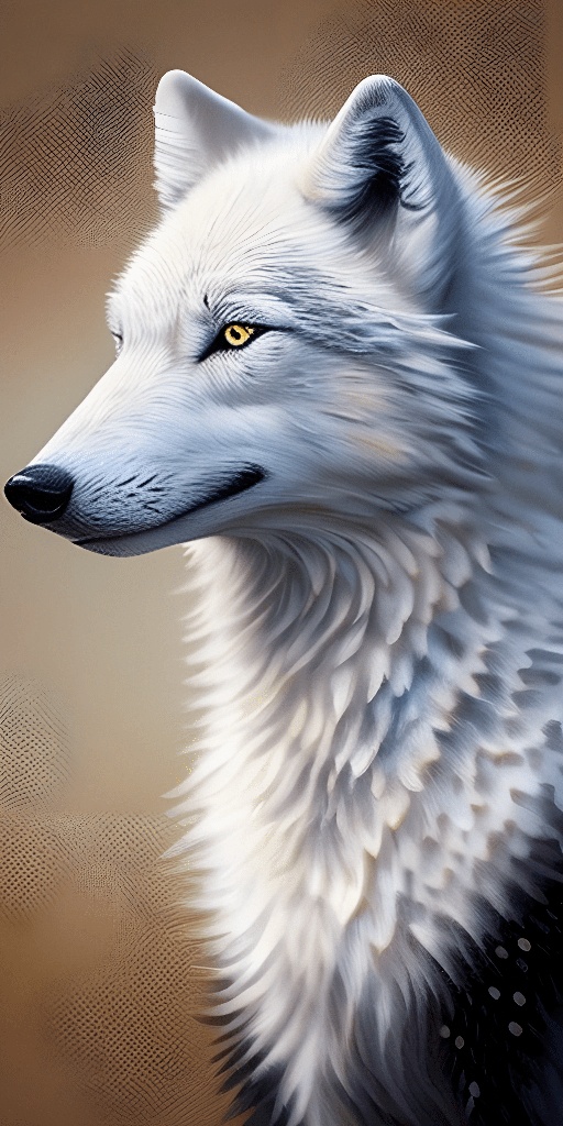 painting of a white wolf with yellow eyes and a black nose