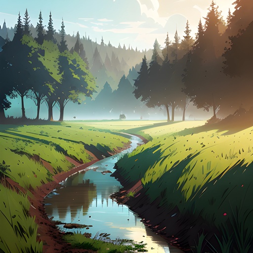 a painting of a stream running through a field