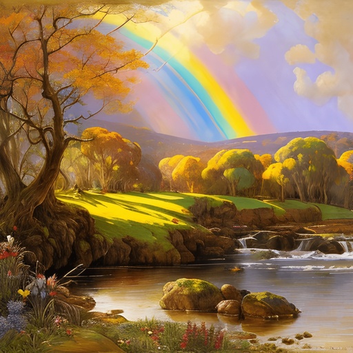 painting of a rainbow over a river with a rainbow in the sky