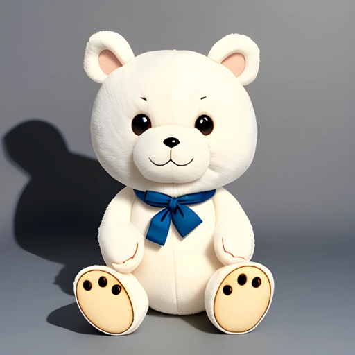 a white teddy bear with a blue bow on its neck