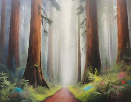 painting of a path through a forest with tall trees and flowers