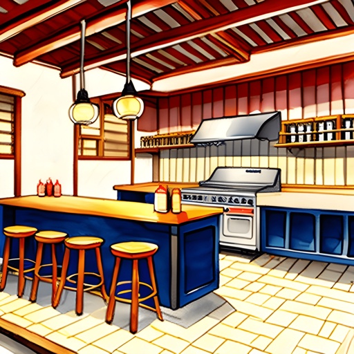 a drawing of a kitchen with a stove and bar stools