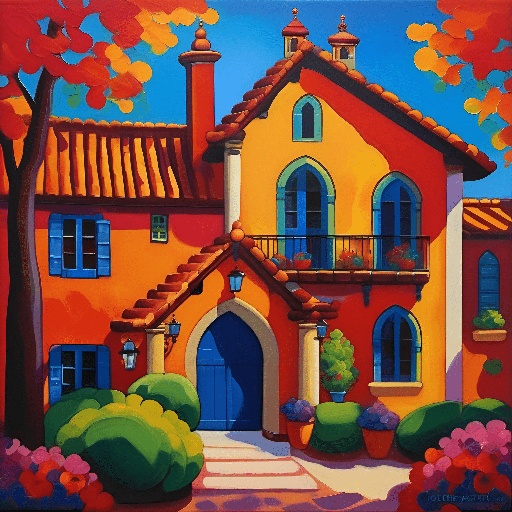 painting of a house with a blue door and a red roof